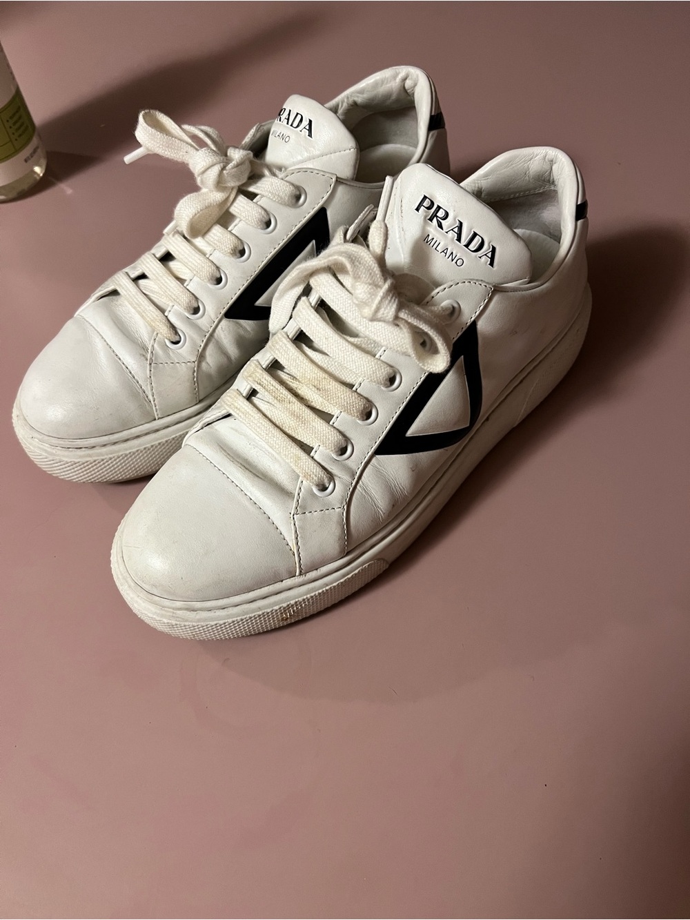 Prada Milano Women’s White Leather Sneakers with Black Accent - Picture 2 of 7